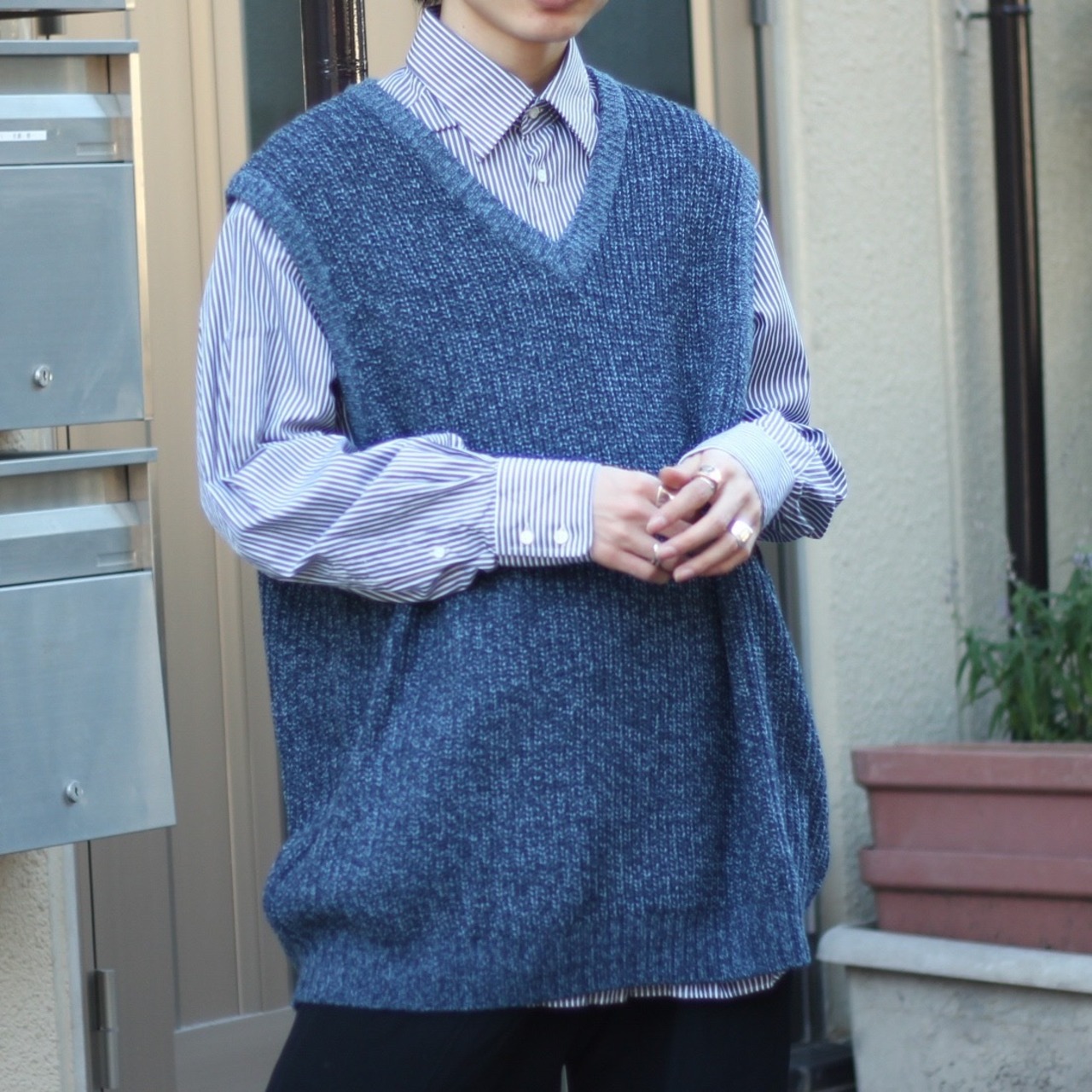 KING SIZE XXL スモークブルー オーバーサイズ デザイン ニットベスト 