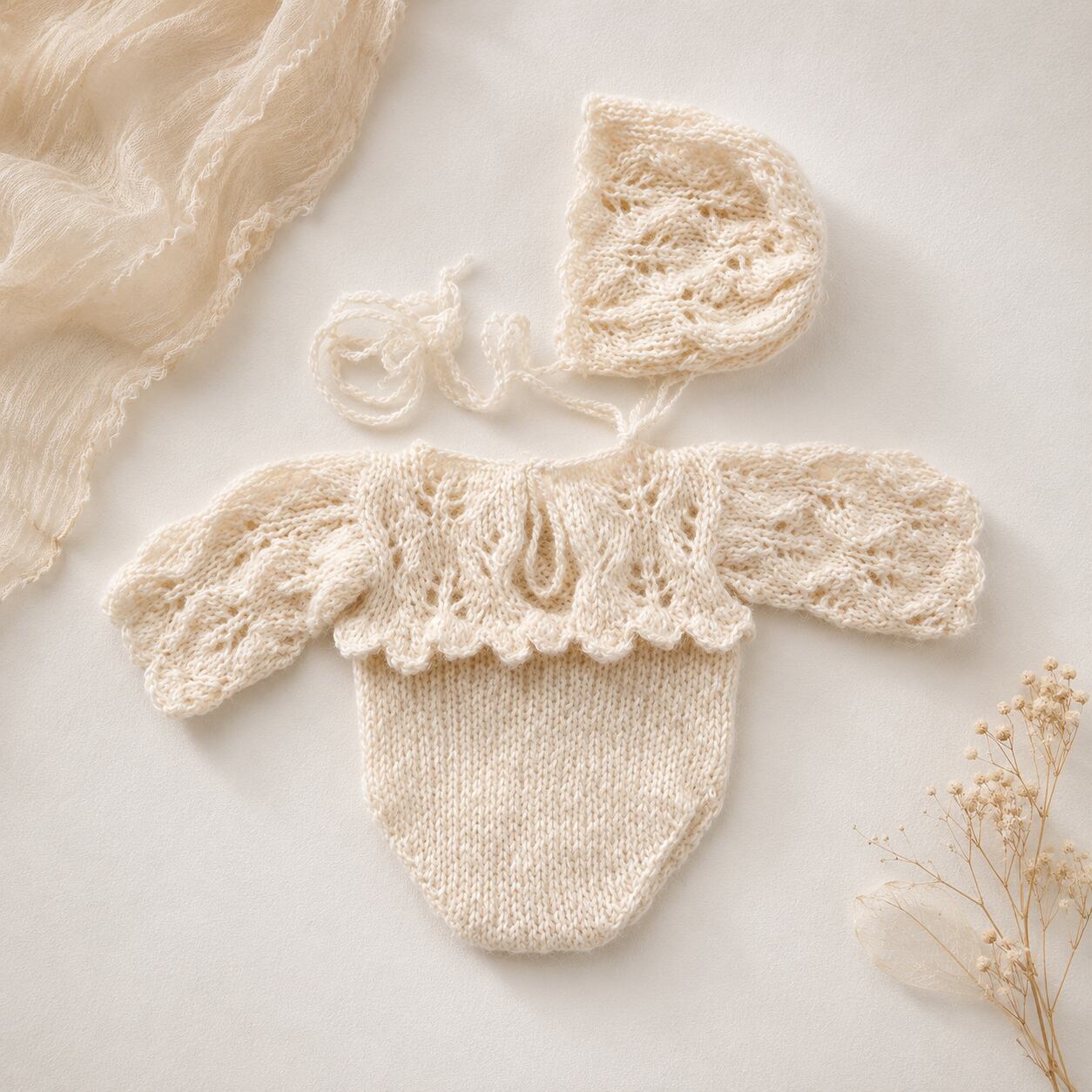 4.Élodie Lace Knit Romper|アイボリー透かし編みロンパース&ボンネット 2点セット