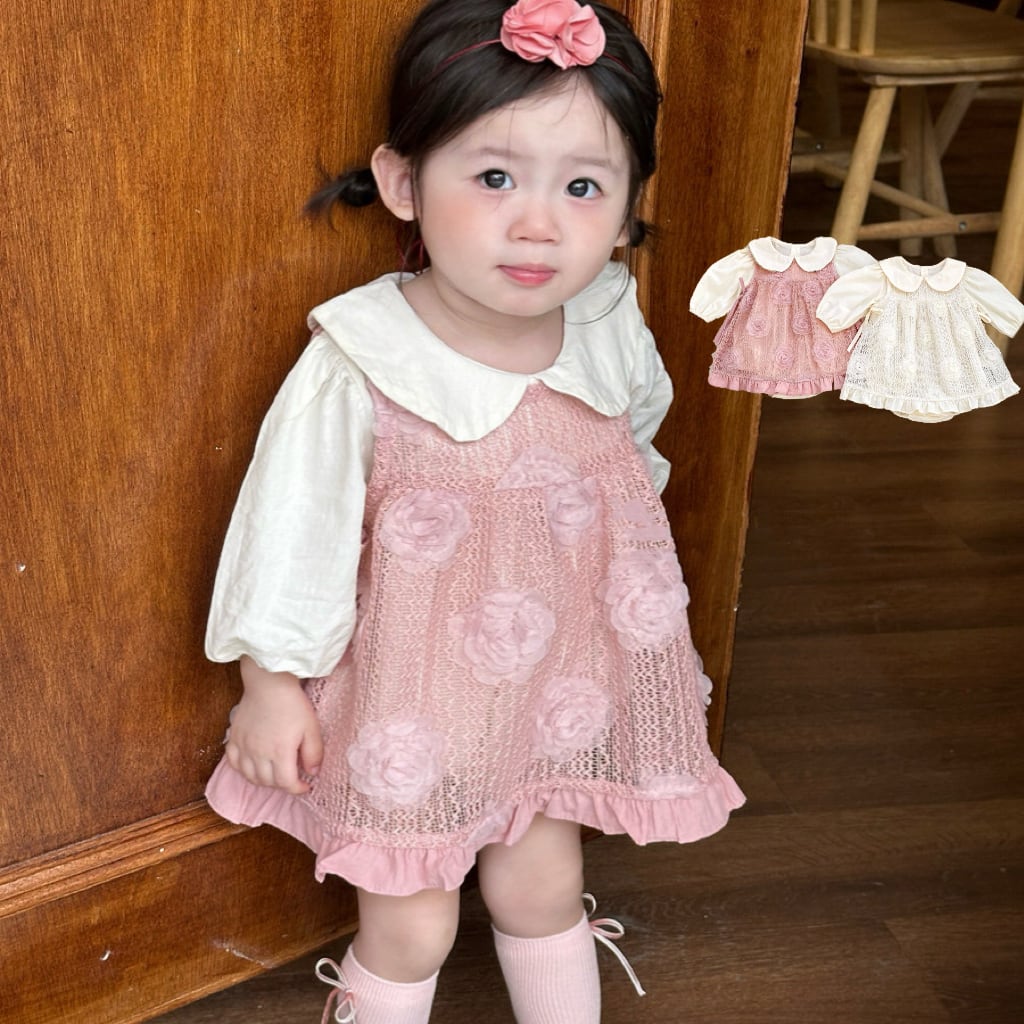 ,レースフラワーが可愛い ベビー女の子2点セットロンパース