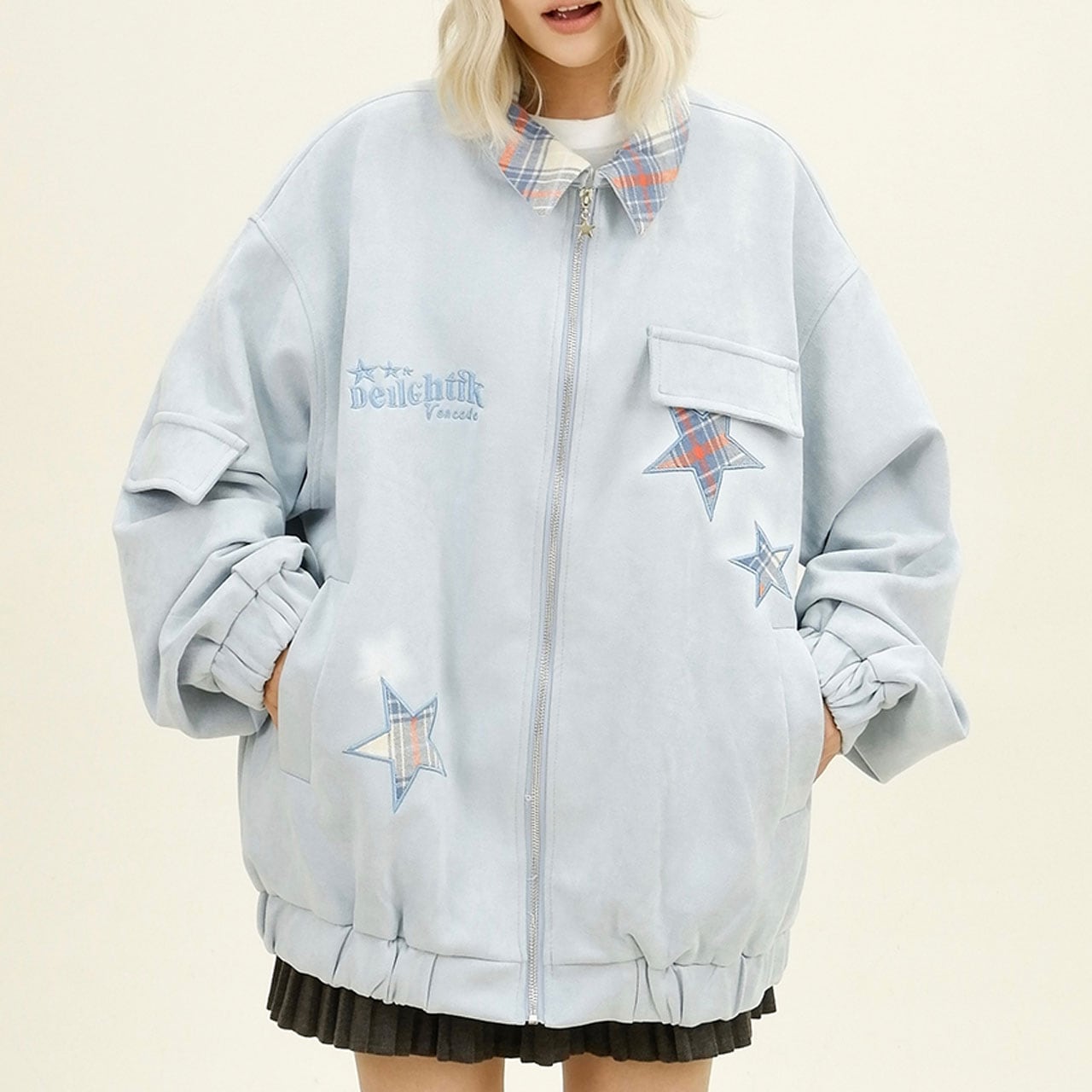 チェックスターパッチデザインブルゾン 2col R01129