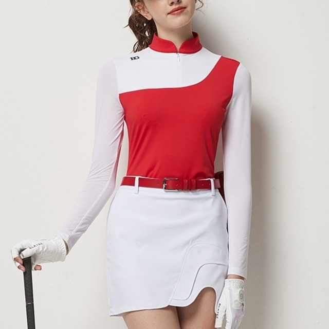 ハイネック　長袖トップス　日焼け防止　スポーティー　ミニ丈スカート　セットアップ