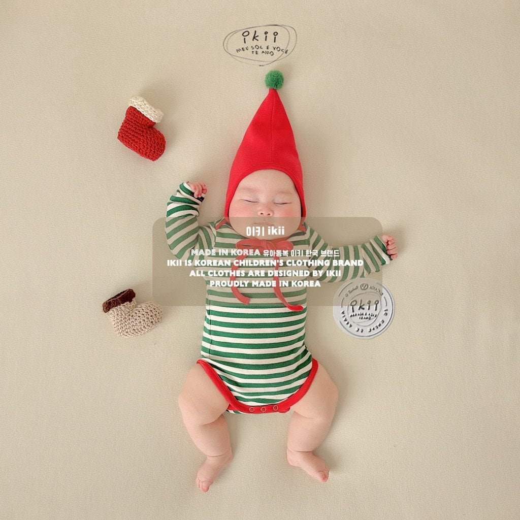 【ikii】 St.クリスマス ボーダーロンパース2点セット Green(レッドハット)(70/80/90cm)