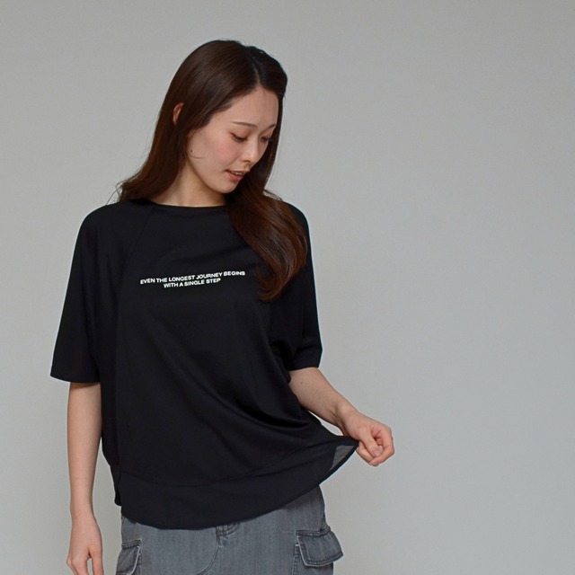 【異素材で魅せる抜け感】  シルケット綿・シフォンヘムTシャツ ‐ LEO-2621 ブラック ‐
