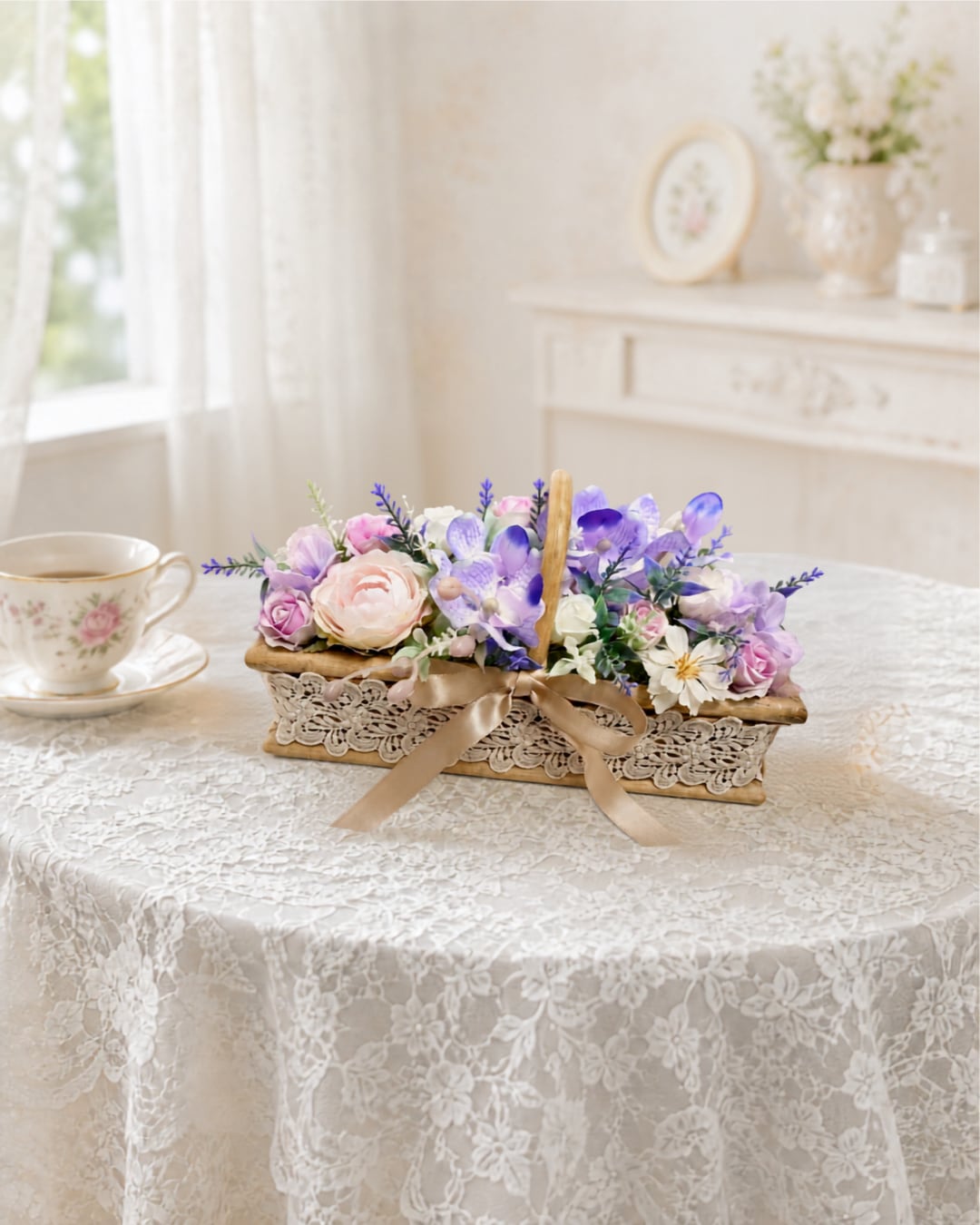 フラワーアレンジ【AR-004】ラベンダーの花かごアレンジ｜アーティフィシャルフラワー｜インテリアギフトフラワー｜卓上アレンジ｜プレゼント｜リビング飾り｜横幅約25㎝