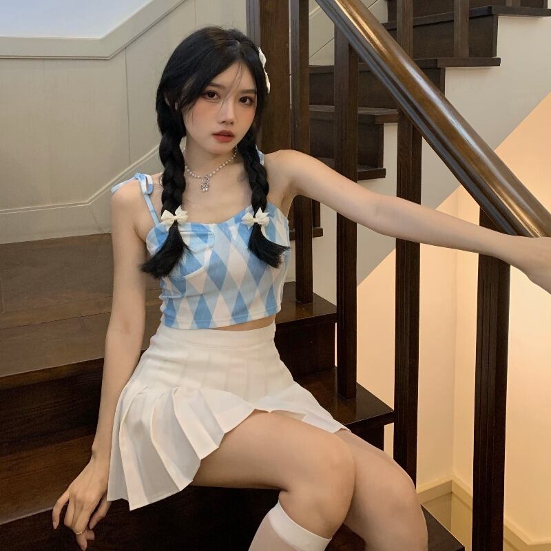 サマーショートスタイル格子柄トップス 大人ガーリー スウィート キュート カジュアル 夏物 ブラックストロベリース44520714125