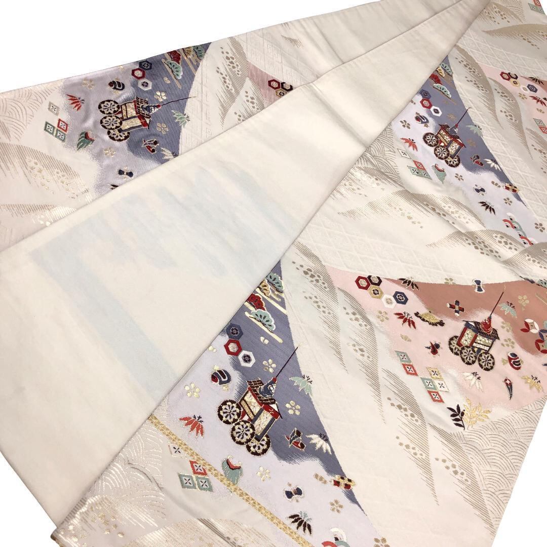 袋帯 西陣 宮本貞男 純金 二重箔 御所車 宝尽くし 金糸 乳白色 O-5439 袋帯 西陣 宮本貞男 純金 二重箔 御所車 宝尽くし 金糸 乳白色 O