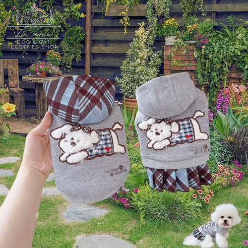 予約【№B06524】白犬　グレー　パーカー・ワンピ　ペアルック　