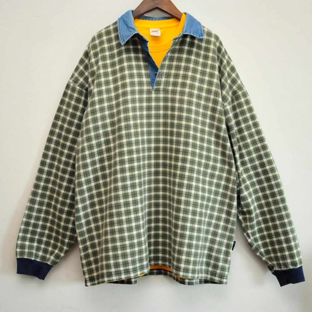 made in usa structure blue check Pullover cotton shirt{アメリカ製