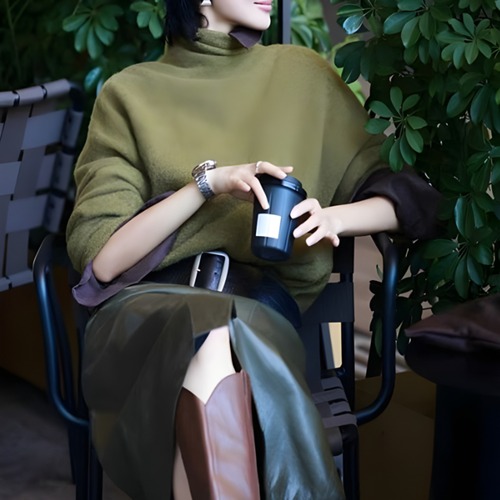 High neck drop shoulder knit　000712