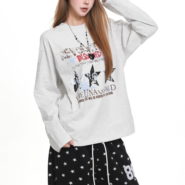 スターモチーフグラフィックレタリングロングスリーブTシャツ 1col R02566