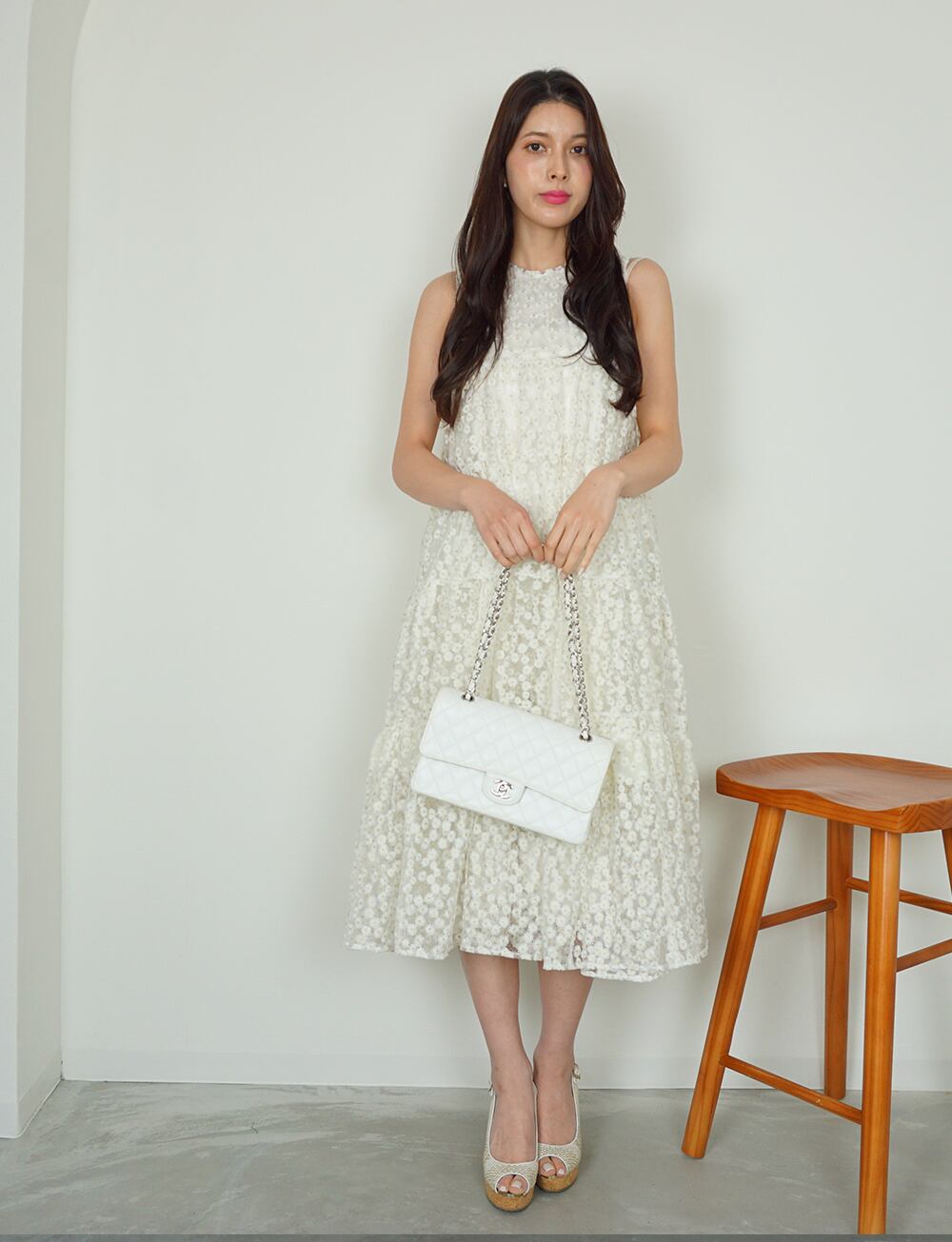 バックリボンティアードワンピース フラワー刺繍オーガンジー white