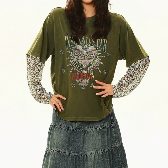 ハートモチーフレオパードレイヤードライクTシャツ 2col R02583