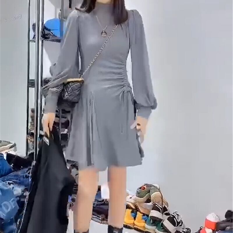 ラウンドネックスカート オータムドレス ロング 長袖 大きめサイズ 秋物 Oネック ミックスインファッション20448657701