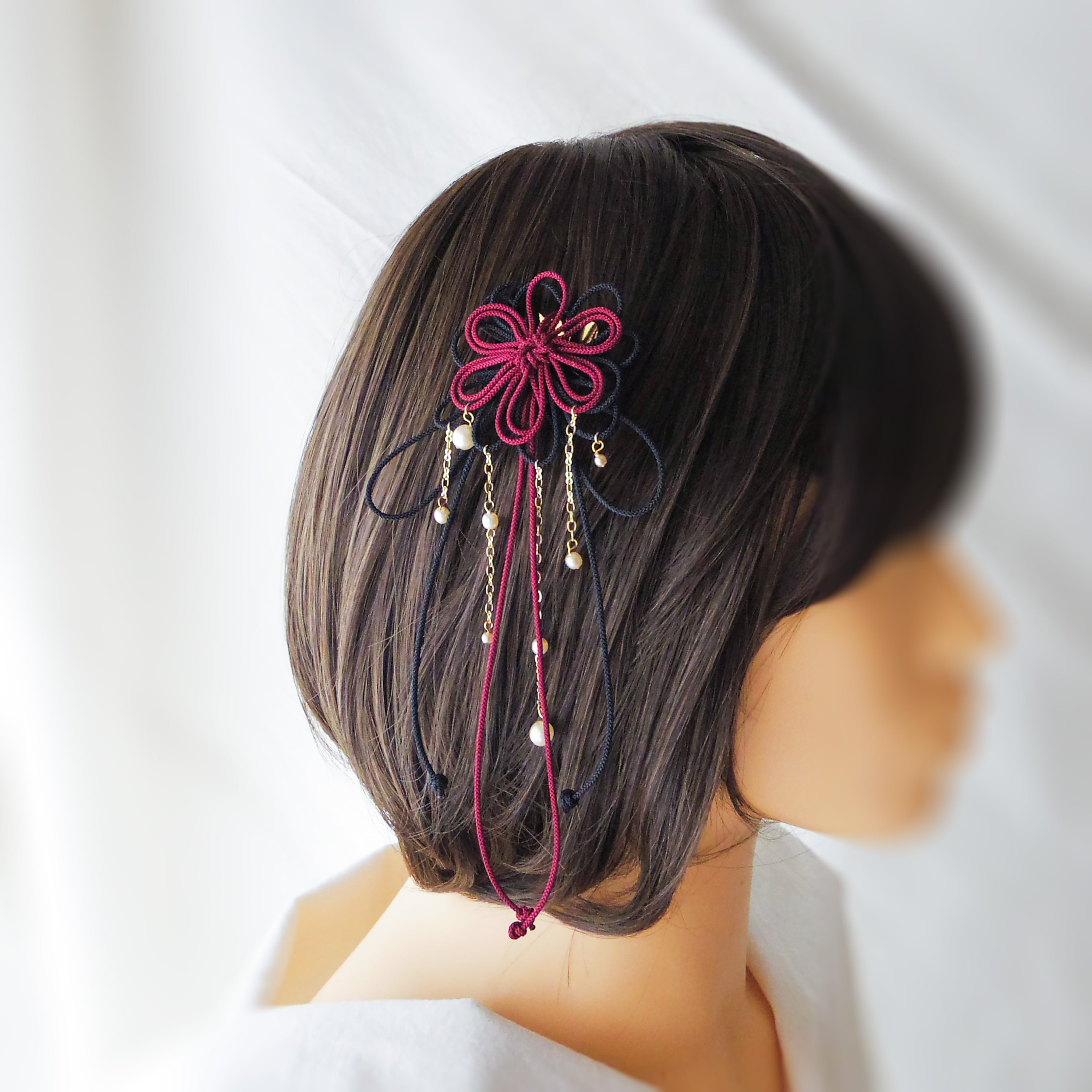 飾り結びヘアコーム(小)「爛、其レハ」(臙脂×黒)【軽量で簡単和装ヘア】浴衣・着物・七五三や成人式に。