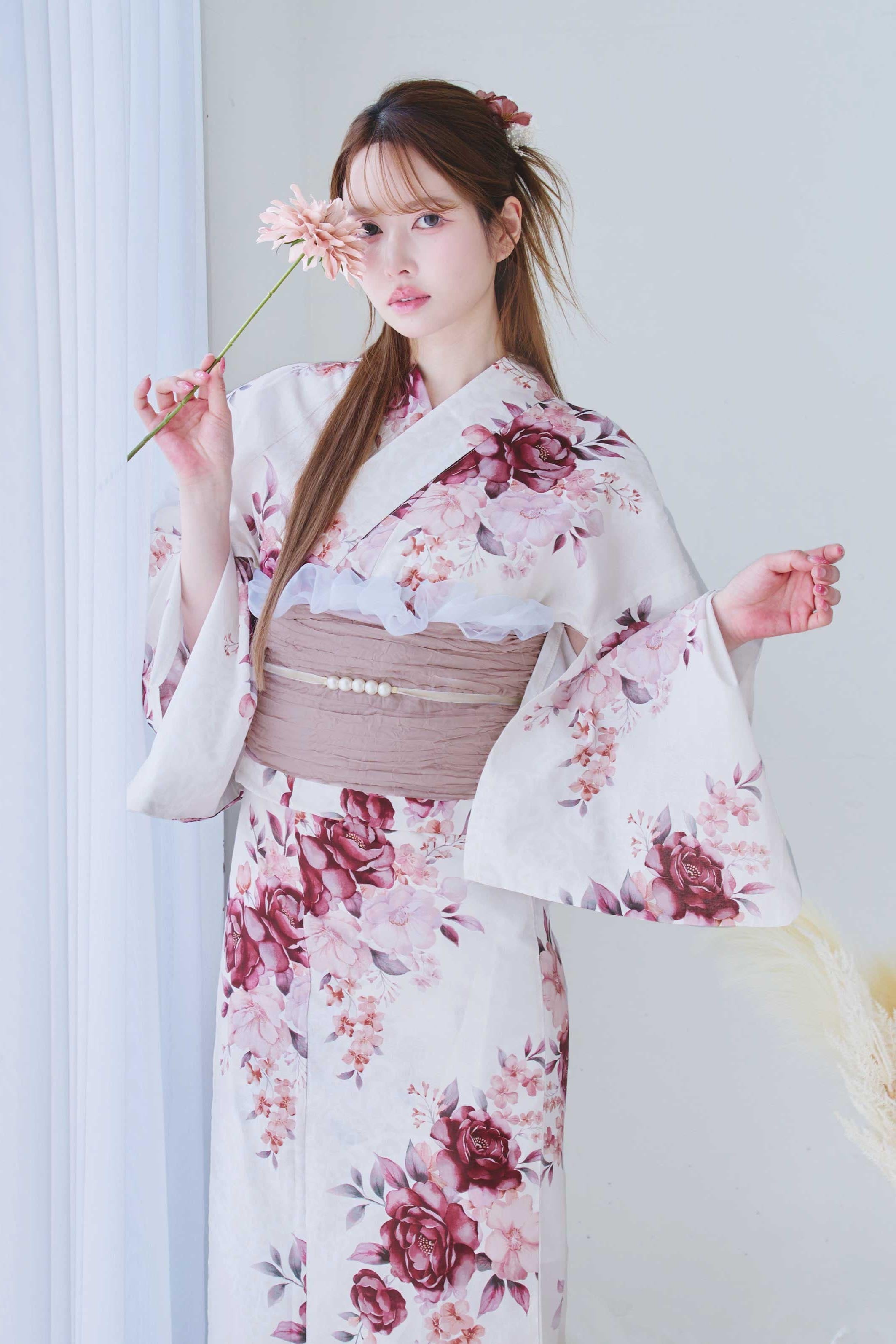浴衣4点set臙脂紅梅色の花々にダマスク柄 Y6-1 | ANDESIR