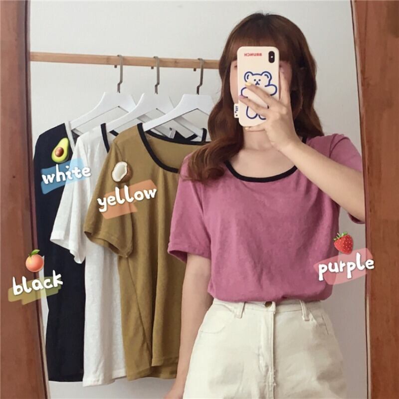 2020年夏のファッションカラーマッチングスクエアネックシャツベーシックオールマッチeign半袖Tシャツの新しい女性バージョン 1号婦人77240141895