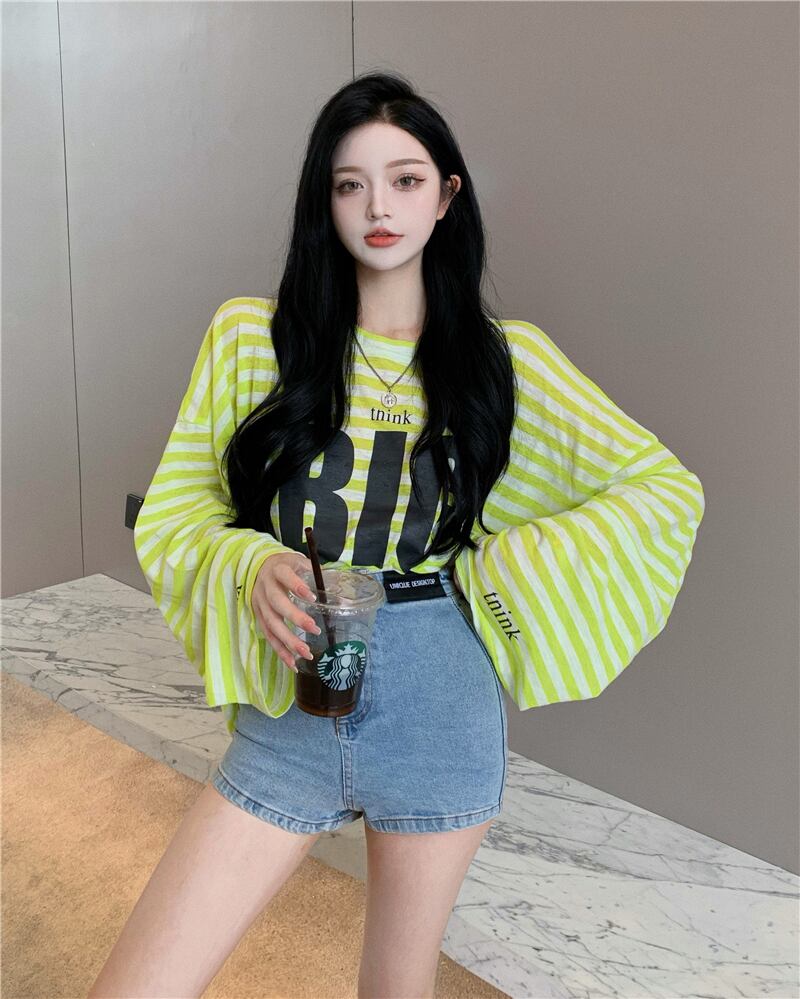 ストライプTシャツ シャツ グリーンルーズサマースタイル薄手トップス ロング 夏物 ブラックストロベリース23777657063