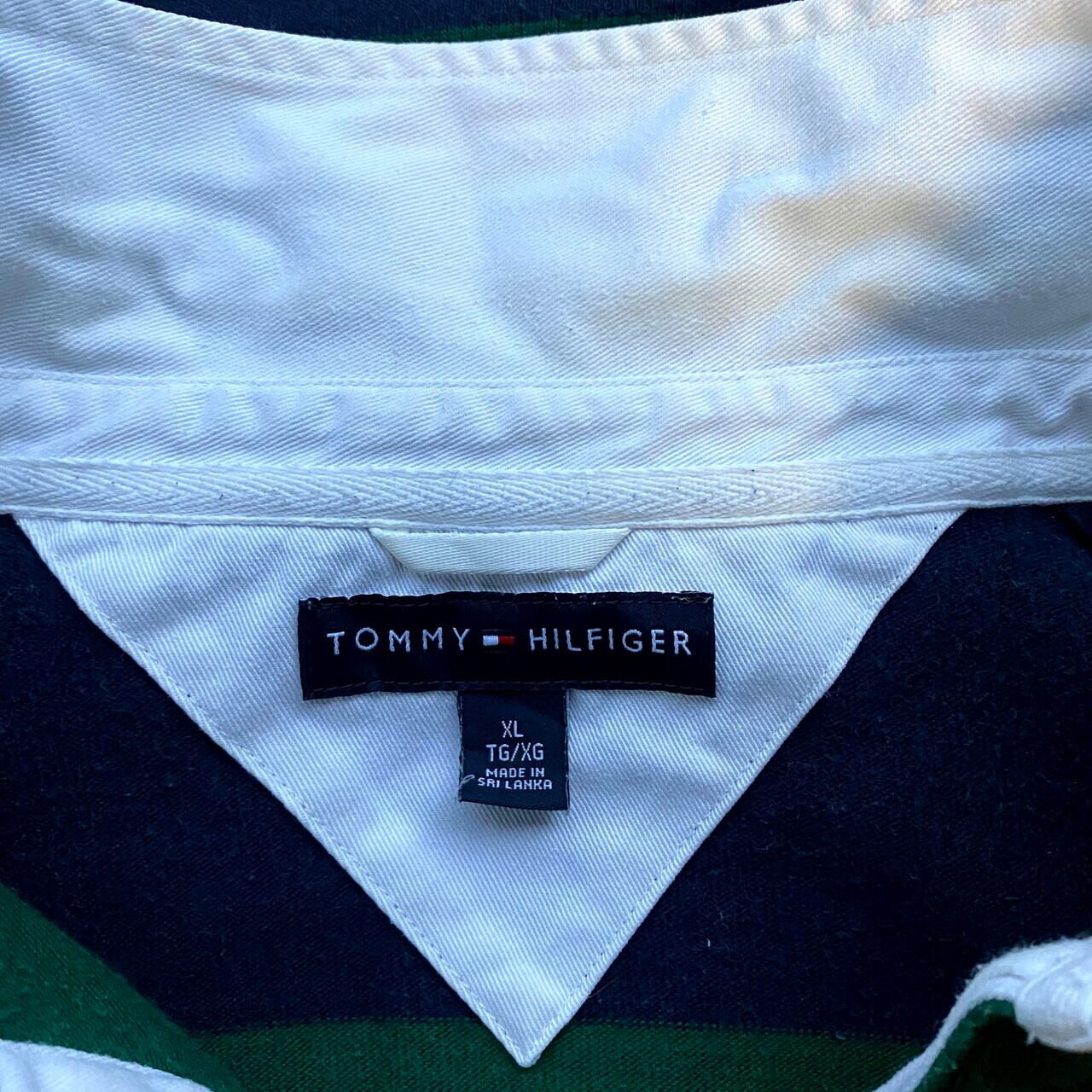 トミーヒルフィガー 長袖 ラガーシャツ S ボーダー柄 グレー x グリーン 古着 90～00年代 トミーヒルフィガー TOMMY HILFIGER ボーダー柄