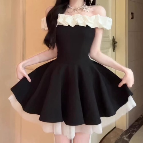 配色フリルオフショルフレアミニワンピ ・76654