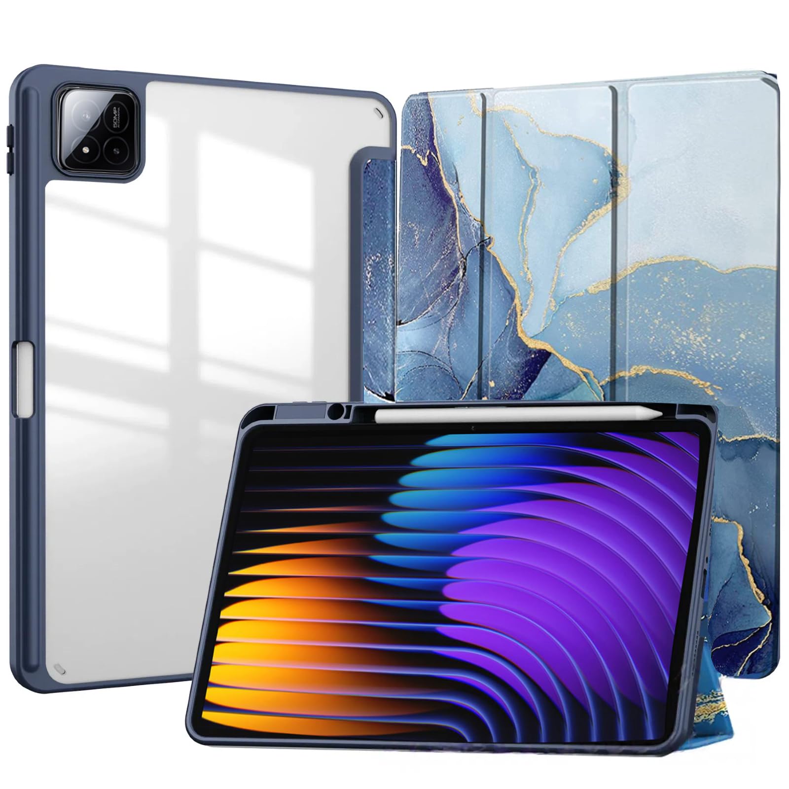 For (シャオミ) Xiaomi Pad 8/8 Pro/Xiaomi Pad 7/7 Pro ケース ペンホルダー付き【Trocent】11.2インチタブレットケース マグネット開閉式 オートスリープ機能 透明バックカバー 背面透明 専用保護ケース スタンド機能 三つ折 手帳型 軽量 おしゃれ 衝撃吸収 (マーブルブルー)