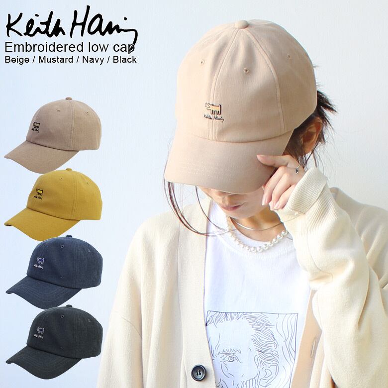 【kh-cap021d】Keith Haring キースヘリング ロゴ 刺繍 ローキャップ ドッグ 4カラー メンズ レディース おしゃれ フェス  学生 かわいい 可愛い 黒 ブラック ネイビー ベージュ マスタード | セレクトショップ【P.C.H】 powered by BASE