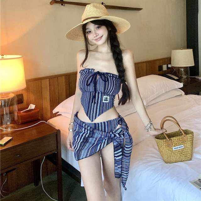 【2色】水着 ビキニ セクシー 3点セット ストライプ柄 レースアップ バンドゥ リゾート ビーチ 温泉 JC7-CF526