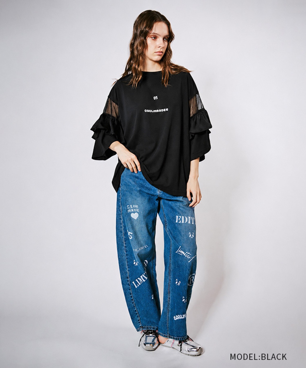 メッシュ&フリルスリーブルーズTシャツ (BLACK)　CQ-48136