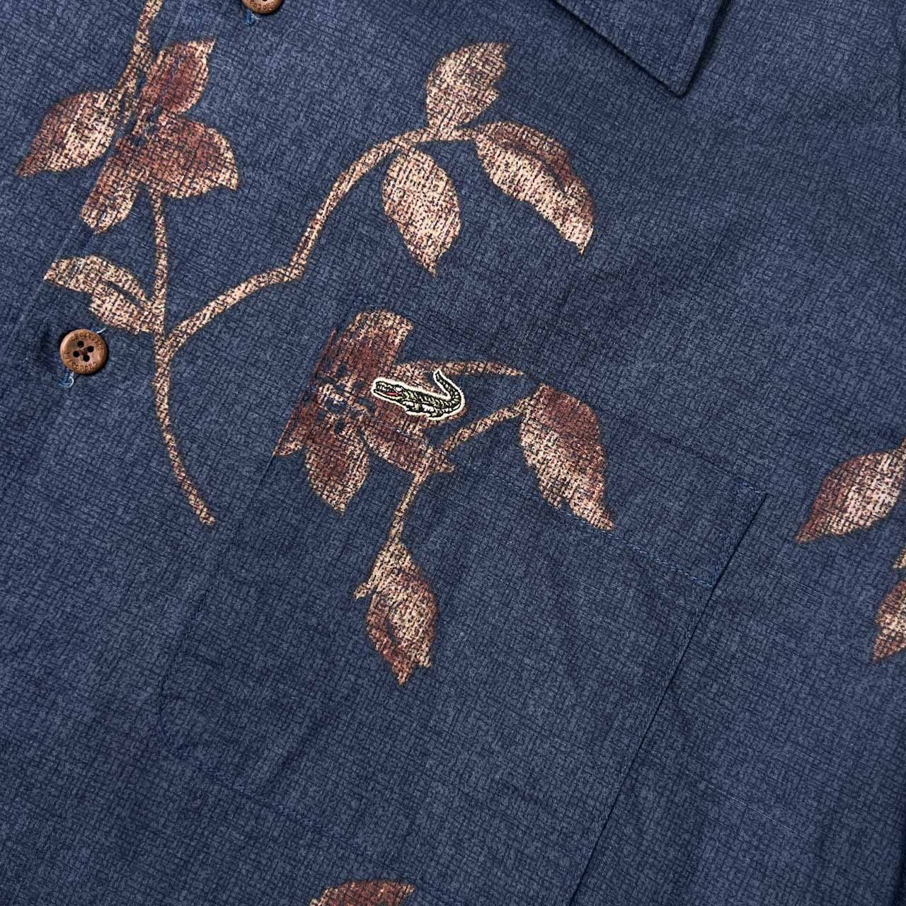 リネン混 Crocodile クロコダイル ボタニカル デザイン 開襟 半袖シャツ LL/ネイビー系 メンズ