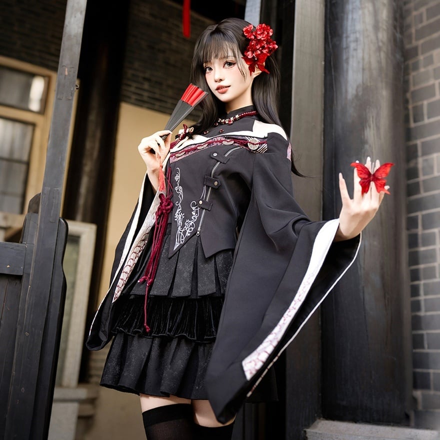 夜華の紅結び 中華ゴシック オフショルダー振袖風トップス&ティアードスカートセット|早期割引