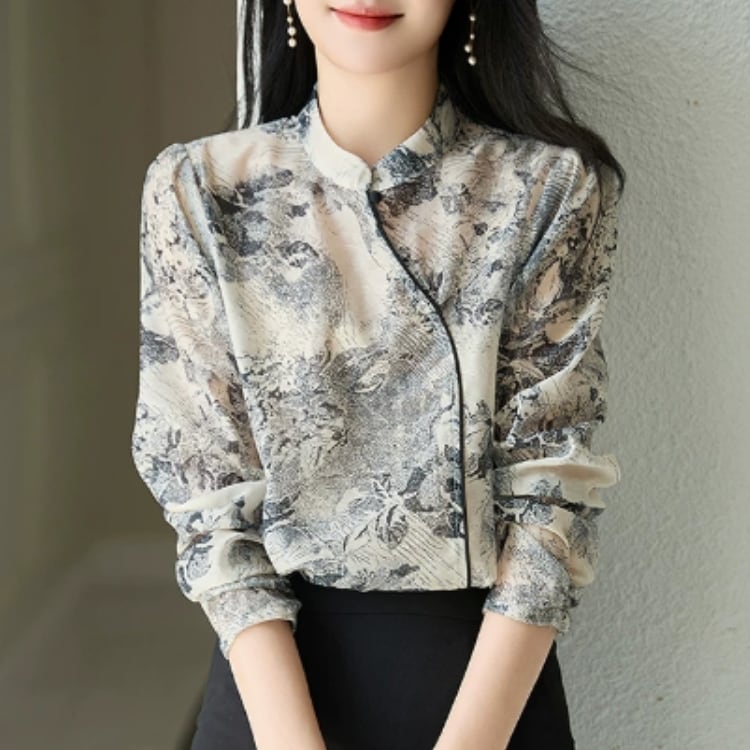 水墨調プリント　チャイナデザインブラウス　YS00185