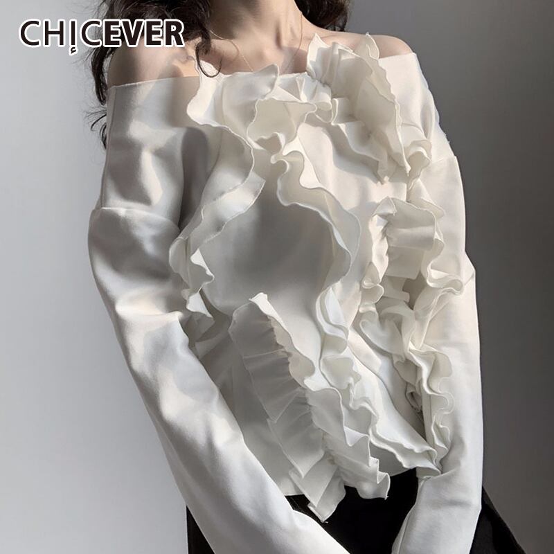 CHICEVERセクシーシャツ女性スラッシュネック長袖オフショルダーバックレスパッチワークフリルブラウス2020夏 ロング ラッフル サマー 夏物 6base552704380879