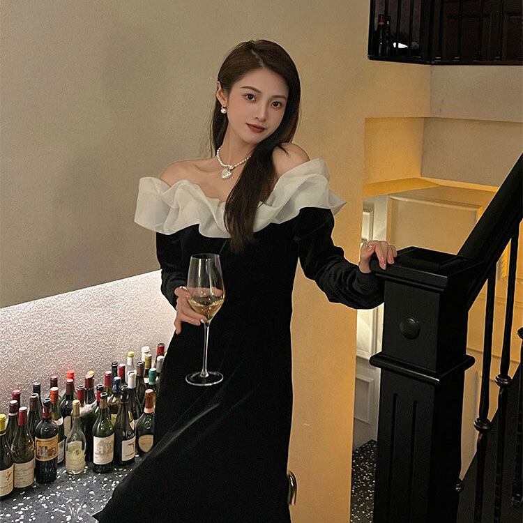 【新作】【送料無料】 新しいガーゼフリルオフショルダードレスセクシーな長袖ミッドレングススリットAラインスカートスリムヒップカバースカート女性のための 0287165127891