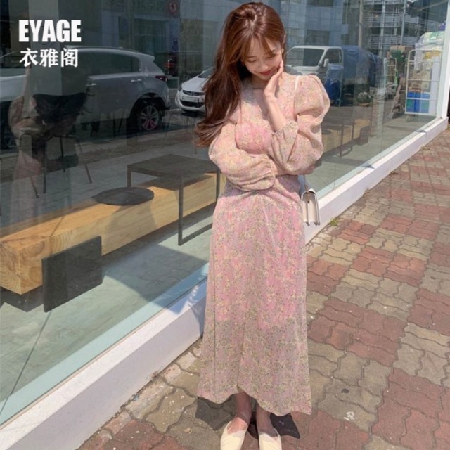 ワンピース 花柄 シフォン ロングワンピース ピンク 韓国 ファッション レディース シフォンワンピース 小花柄 春 フレアワンピ バックリボン Vネック 大人カジュアル パフショルダー ボリューム袖 やわらか エアリー 春のワンピース Vestito
