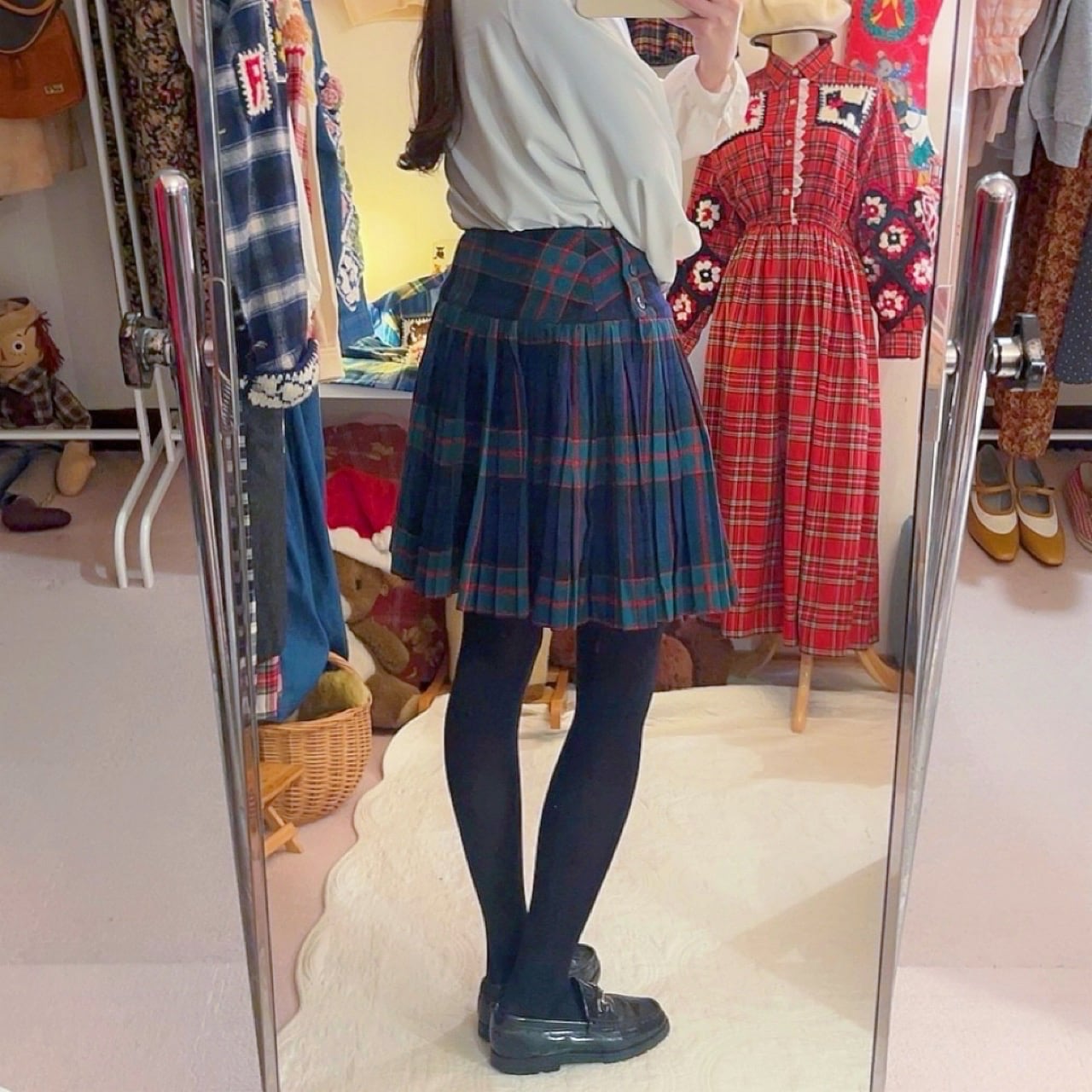 green check pleats mini skirt