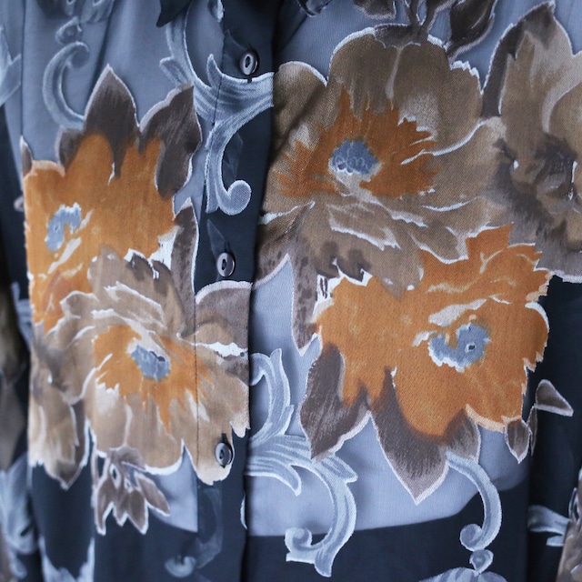 beautiful flower art pattern black mode see-through shirt