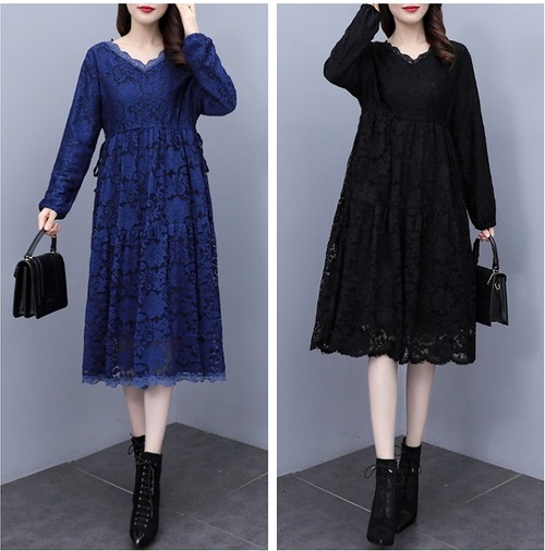 【大きいサイズL-5XL】裏起毛ファッション/人気ワンピース♪ブラック/ブルー2色展開◆sctmcc-114197