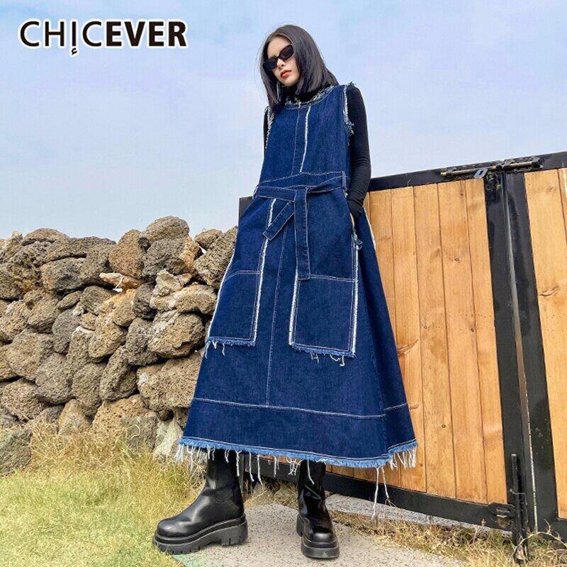 CHICEVERデニムドレス女性Oネックノースリーブルーズパッチワークレースアップ特大テルドレス2020秋の服 オータム 秋物 6base526188621365