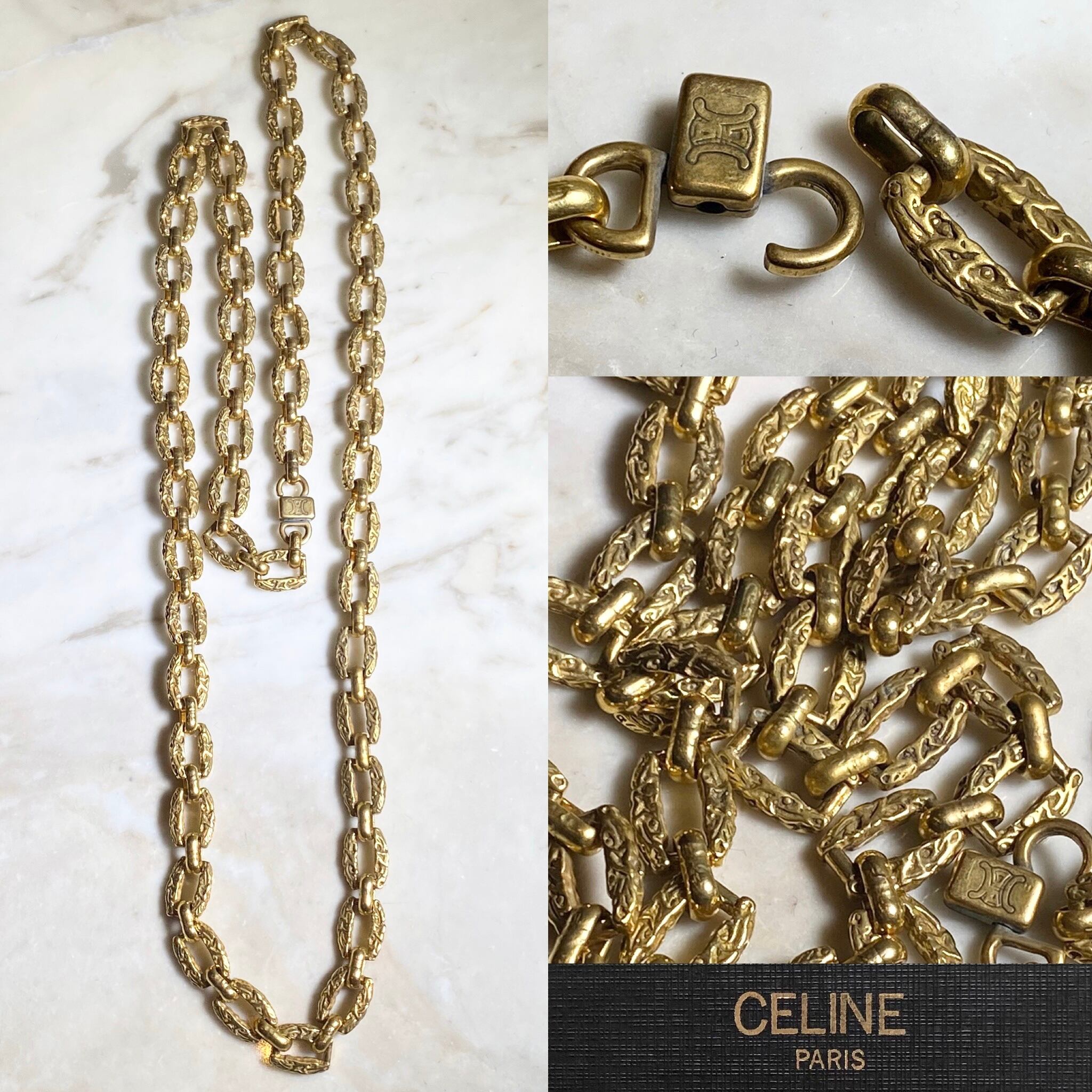 vintage CELINE gold color engraved metal long chain necklace 