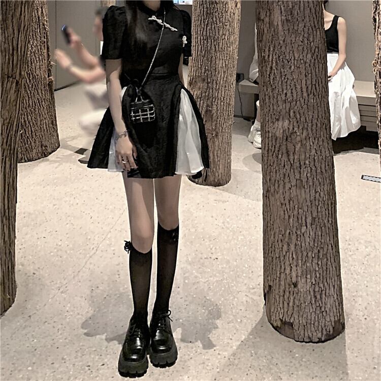 ブラックドレス サマーウェストショートスカート ストリート 大人ガーリー スウィート キュート カジュアル 夏物 モンロー82284624892
