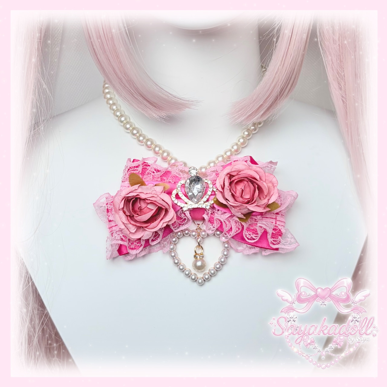 ♡【全2色】姫GAL 薔薇付き クリスタルビジューティアラ＆パールドロップ フリルリボンネックレス vivid pink ♡