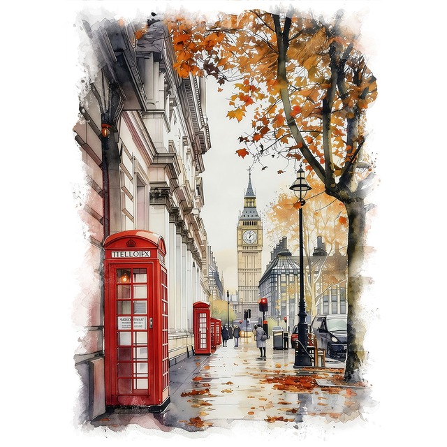 絵画 風景画(街並み) イギリス ロンドン ビッグベンと電話ボックス インテリアアート額付き 水彩画・油絵風 WAT0888