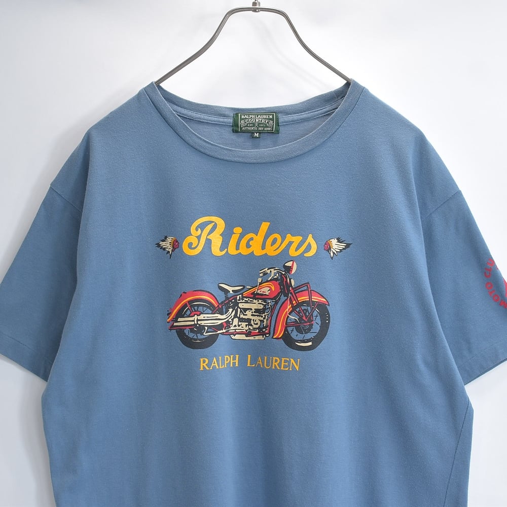 90s Ralph Lauren Country ラルフローレンカントリー 半袖 Tシャツ バイク インディアン プリント ポロカン ポロカントリー アメカジ グレーブルー USED ヴィンテージ ビンテージ 古着 メンズ Mサイズ