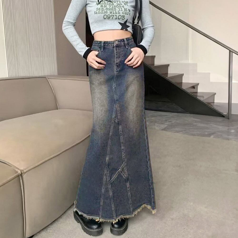 デニム スカート ロング レディース 韓国 マーメイドスカート ブリーチ加工 おしゃれ きれいめ 大人 カジュアル ハイウエスト ヴィンテージ レトロ 美ライン ロングスカート 大人可愛い 大人女子