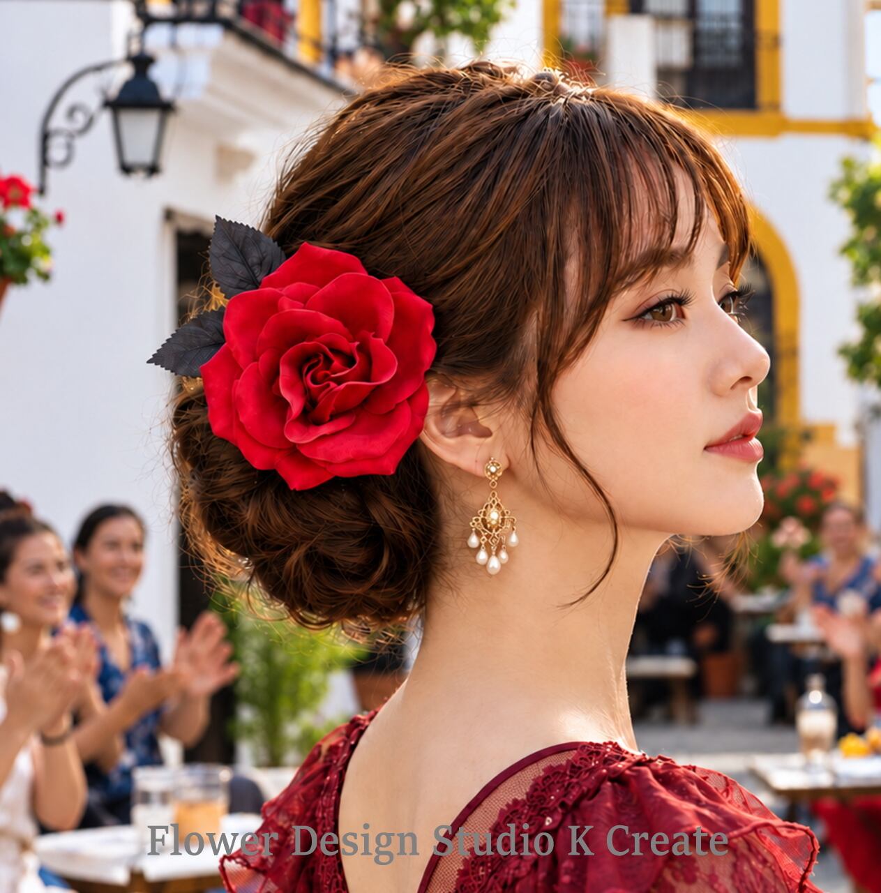 フラメンコ髪飾り 赤い薔薇と黒い葉のフローレス|花径12cmのUピン・ダンス・舞台・発表会