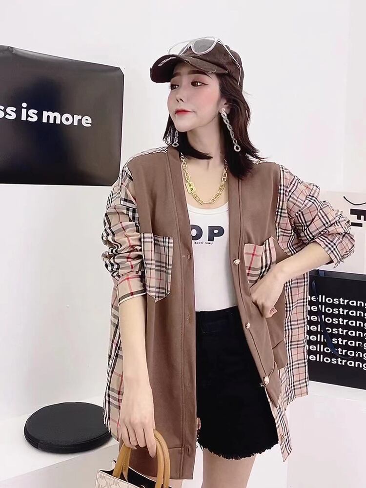 スプリングセーター レディースルーズ格子柄カーディガンシャツ スタンダードジャケット レトロ 春物 ミックスインファッション63707820768