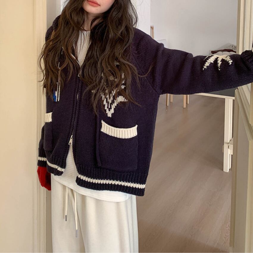 zip-up knit hoodie　J00388