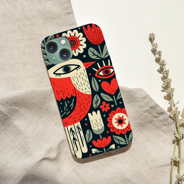 受注生産 iPhoneケース 鳥と手のサイケ民芸柄｜フォークアート FMSY038A