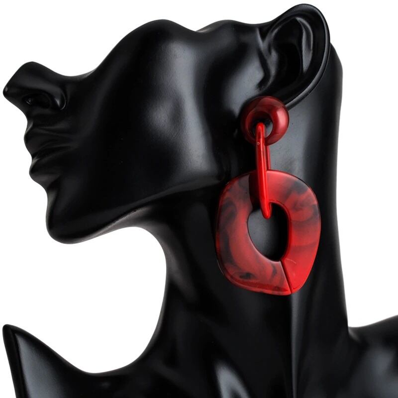 幾何学模様 レッド ドロップピアス イヤリング 深紅 クリスマス 大理石 ゴージャス