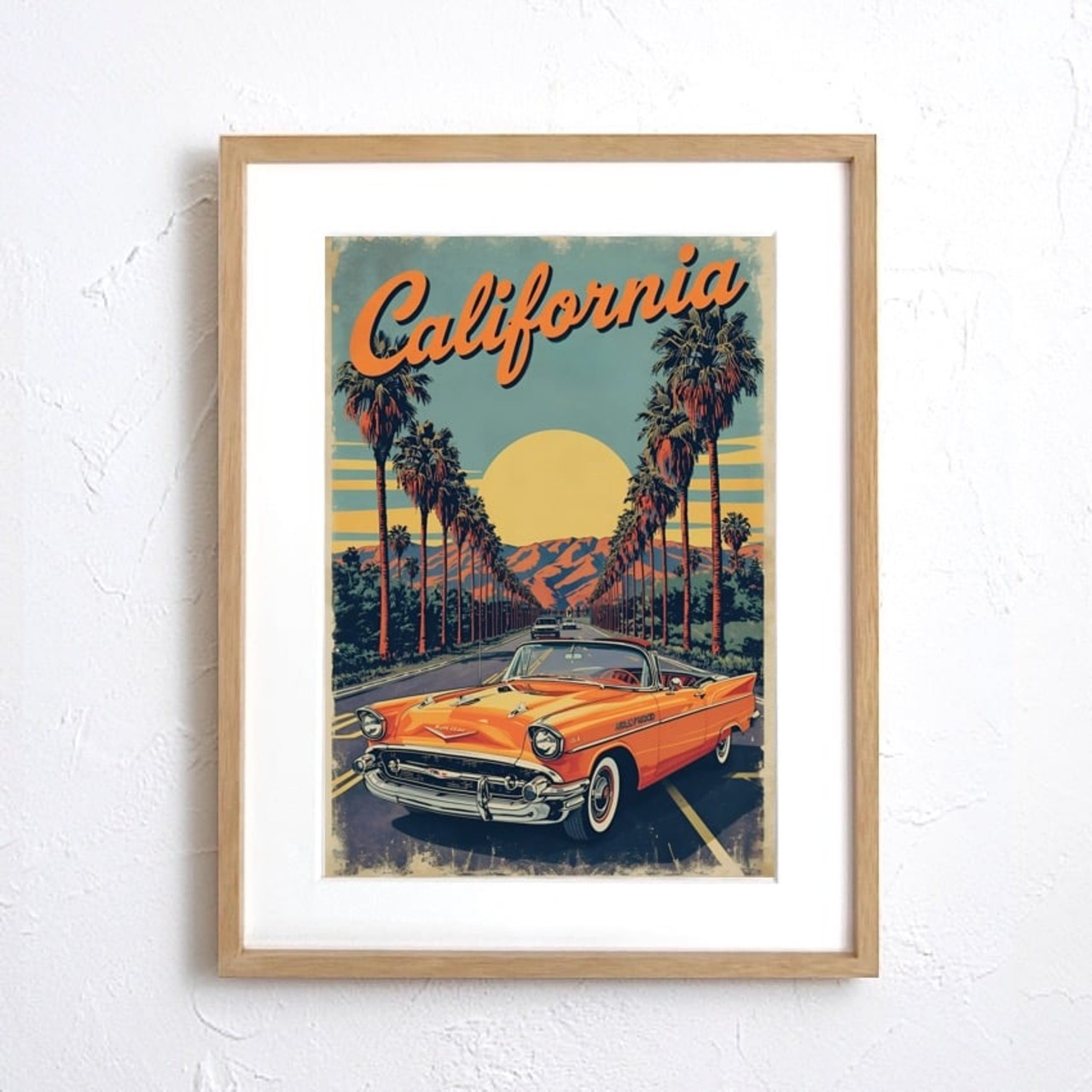 California Dreamin’｜カリフォルニアの陽光とクラシックカーが描く自由のアートポスター｜レトロモダンな空間を彩るインテリアA2ポスター
