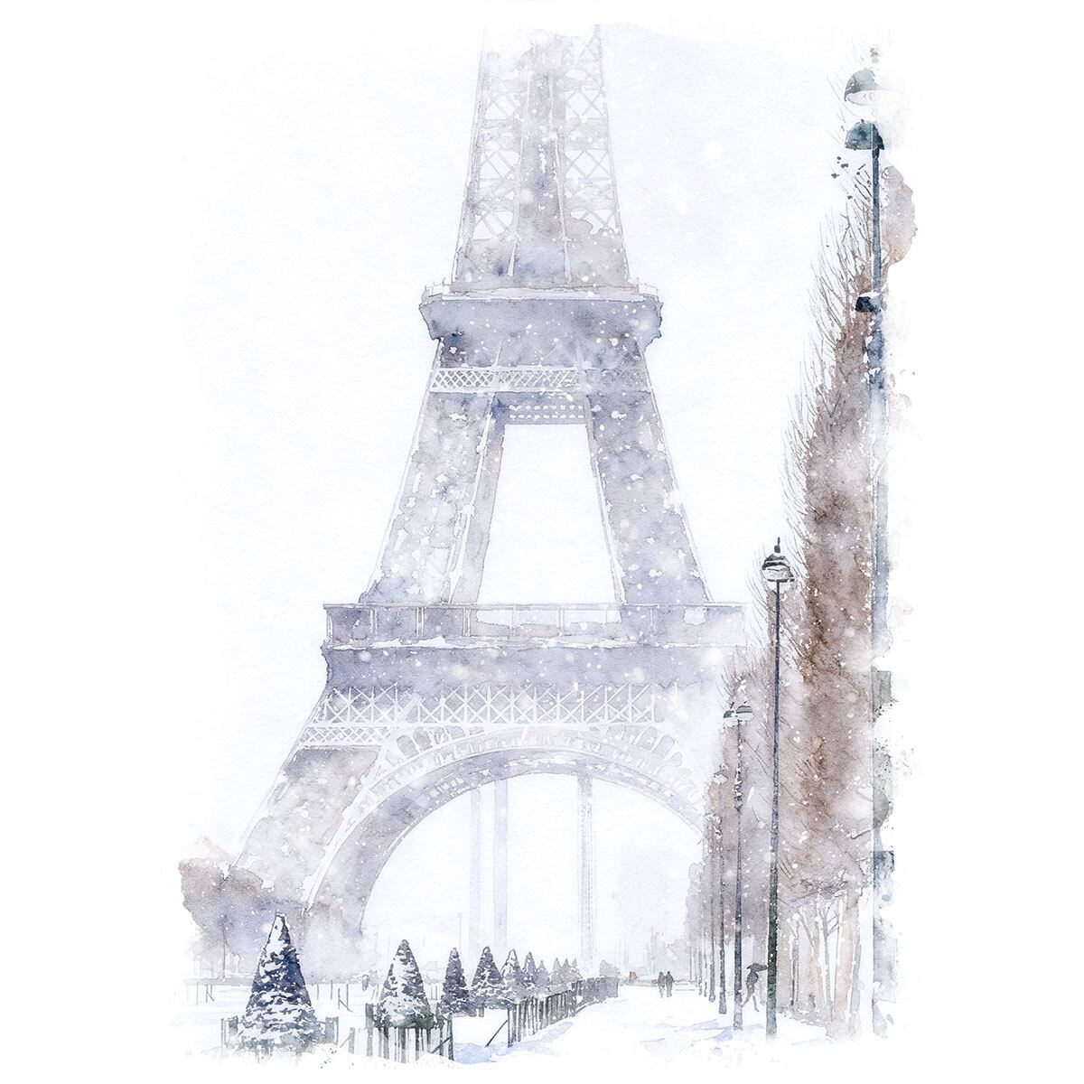絵画 フランス 風景画(街並み) 冬 雪が積もる公園とエッフェル塔 インテリアアート額付き 水彩画・油絵調 WAT0319